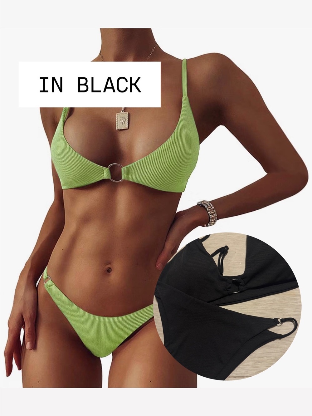 Zaful Black Ribbed Ring Bikini Set